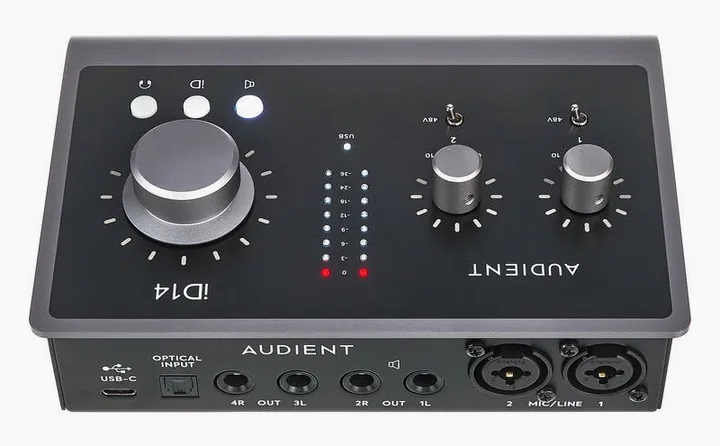 Audient iD14 MKII, etupaneeli säätimineen, kuva 4