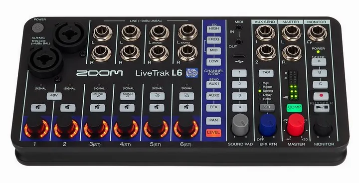 Zoom LiveTrak L-6, tulot etupuolella, kuva 2