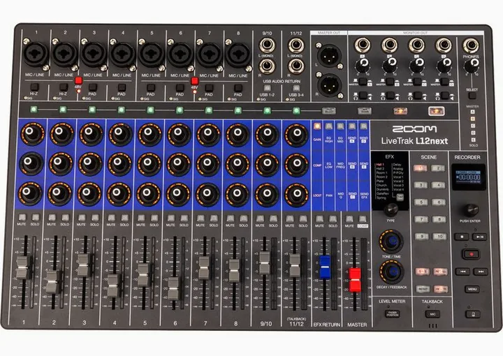 Zoom LiveTrak L12next, tulot etupuolella, kuva 4